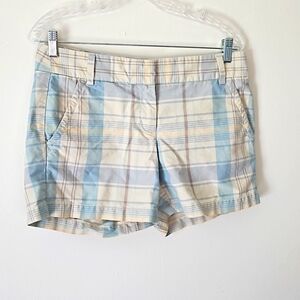 Plaid Cotton Blend Women’s Shorts - Light Blue & Cream